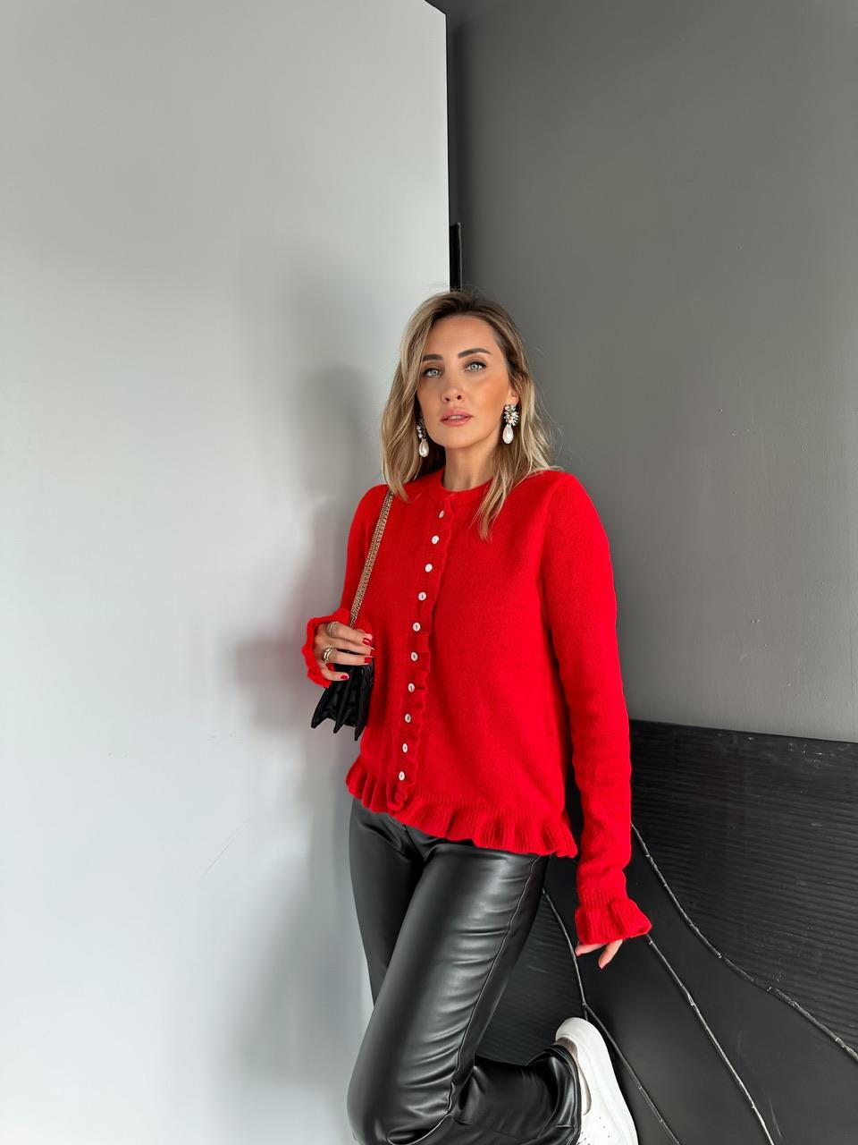 Kırmızı Fırfır Detaylı Hırka
