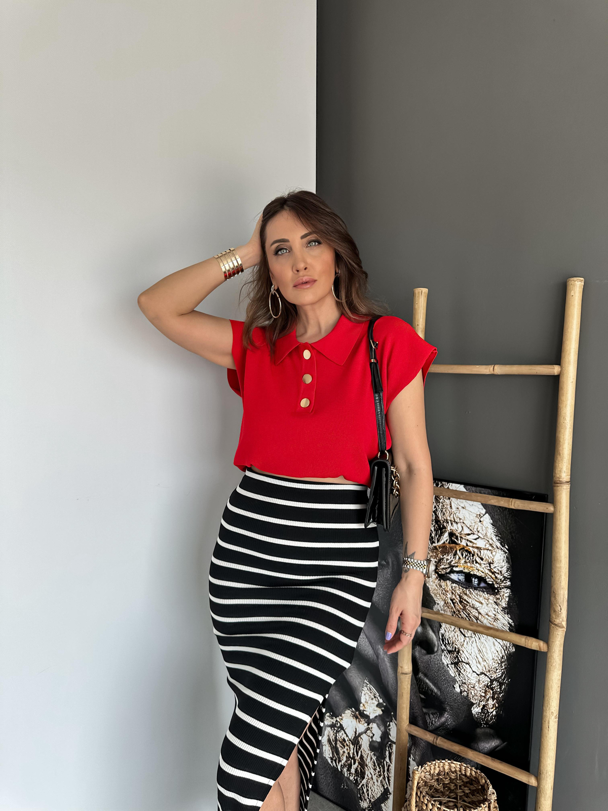Kırmızı Gold Dümeli Polo Yaka Kazak