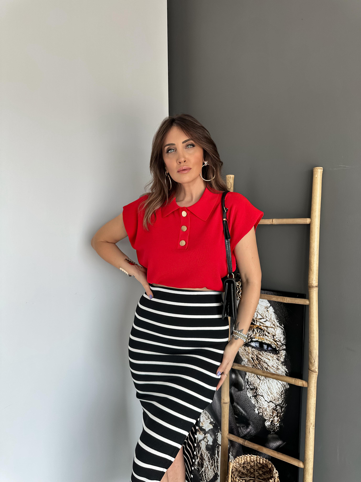 Kırmızı Gold Dümeli Polo Yaka Kazak