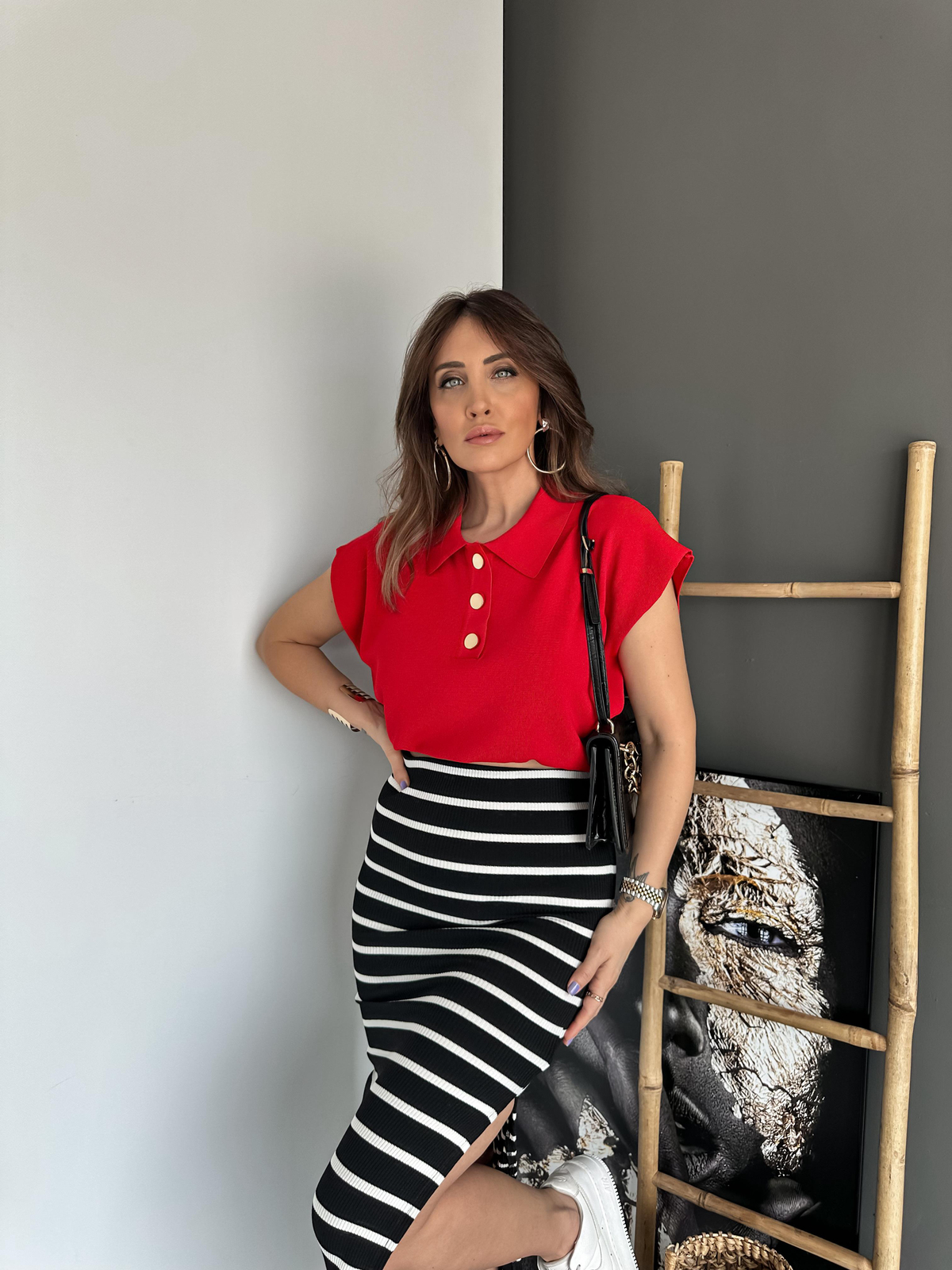 Kırmızı Gold Dümeli Polo Yaka Kazak