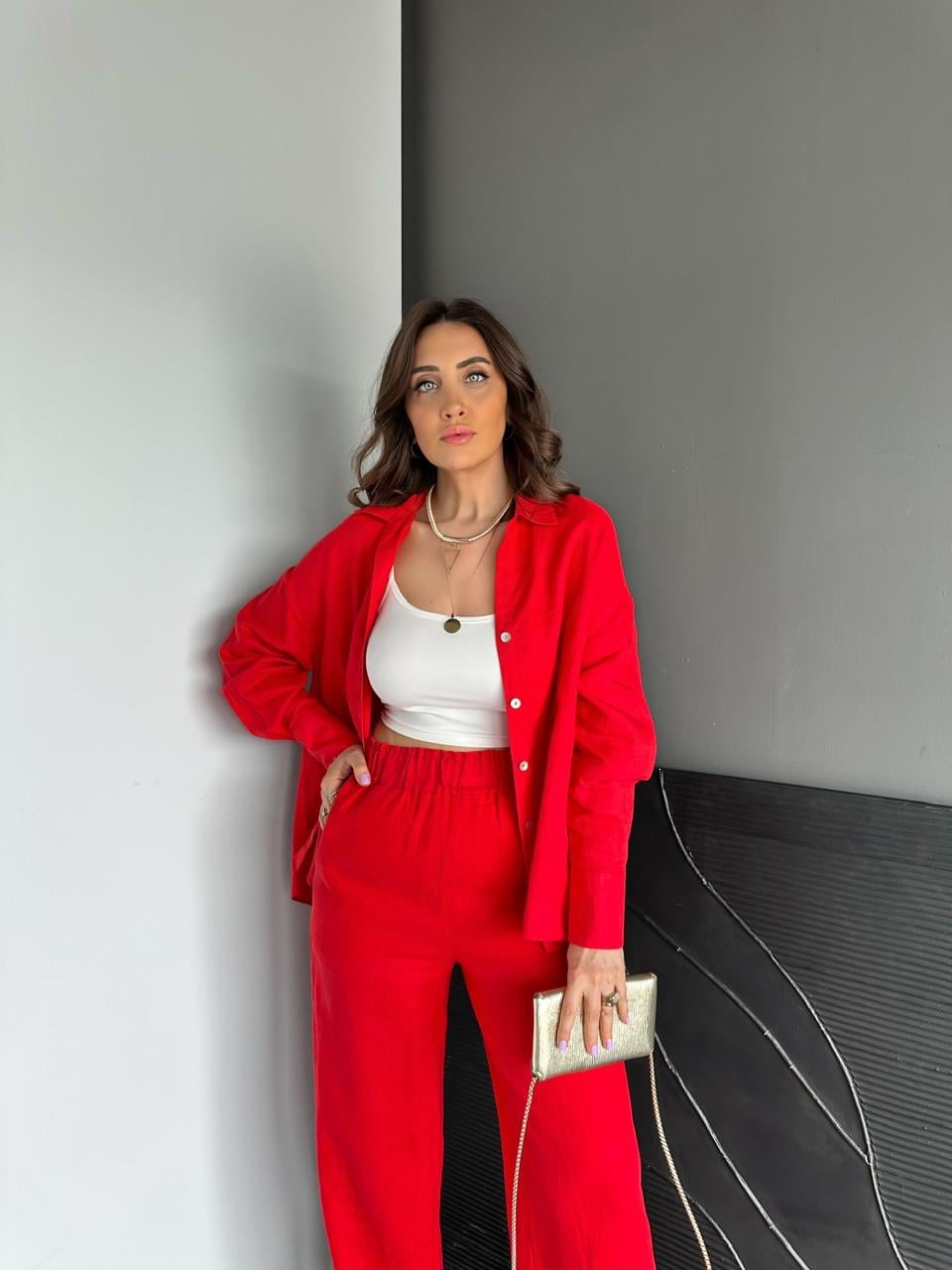Kırmızı Ham Keten Orijinal Gömlek