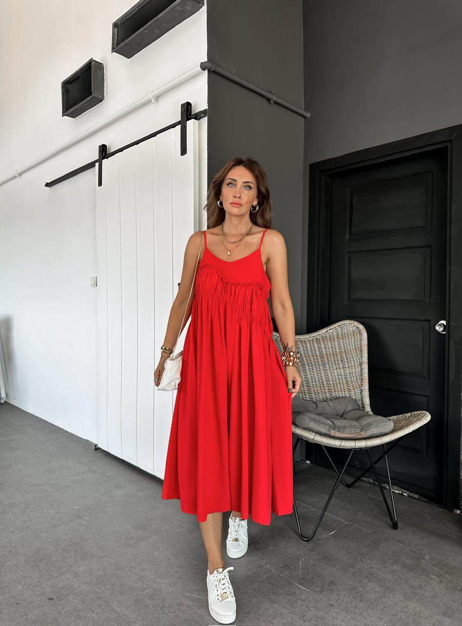 Kırmızı İp Askılı Drapeli Cotton Elbise