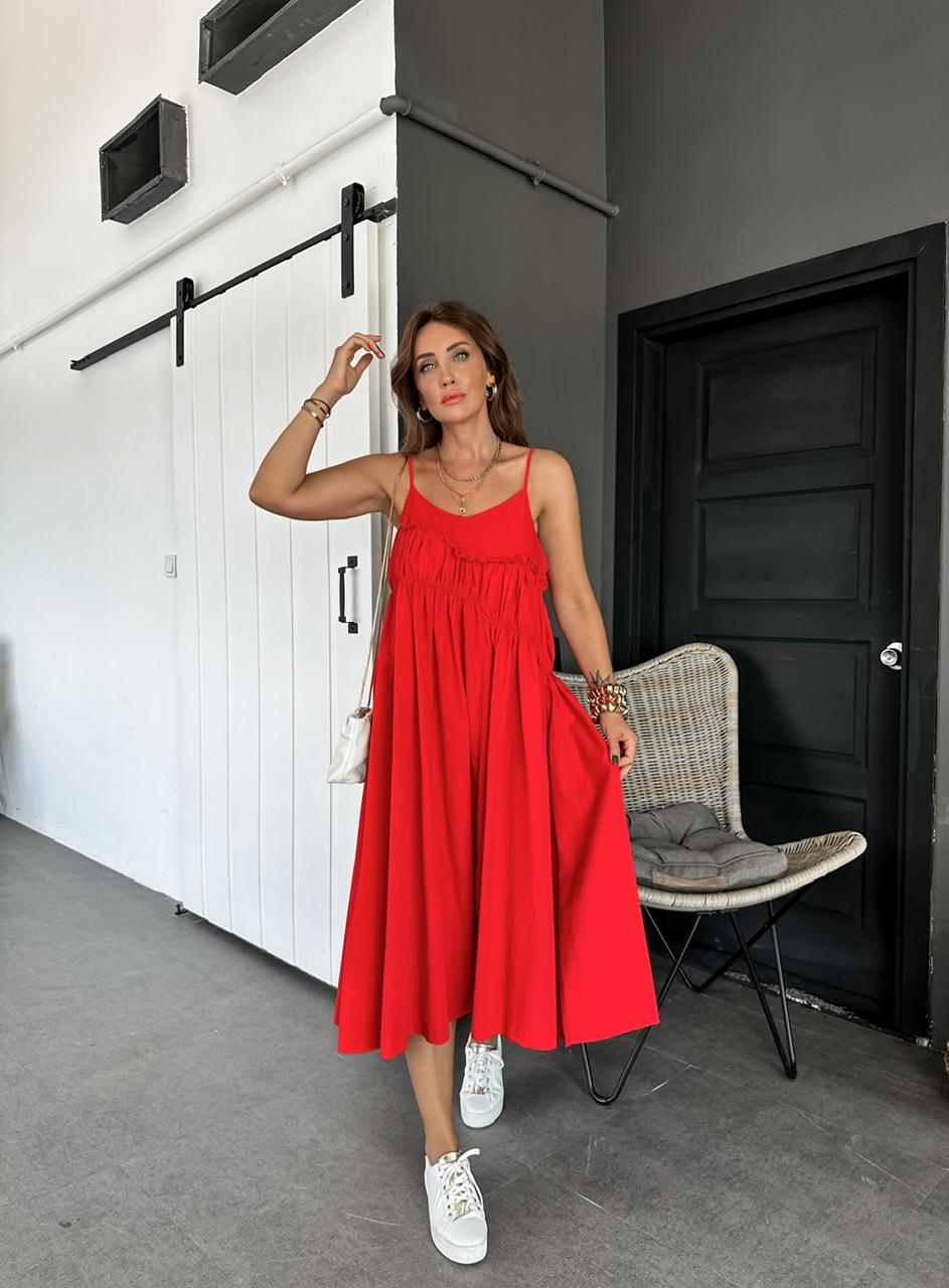 Kırmızı İp Askılı Drapeli Cotton Elbise