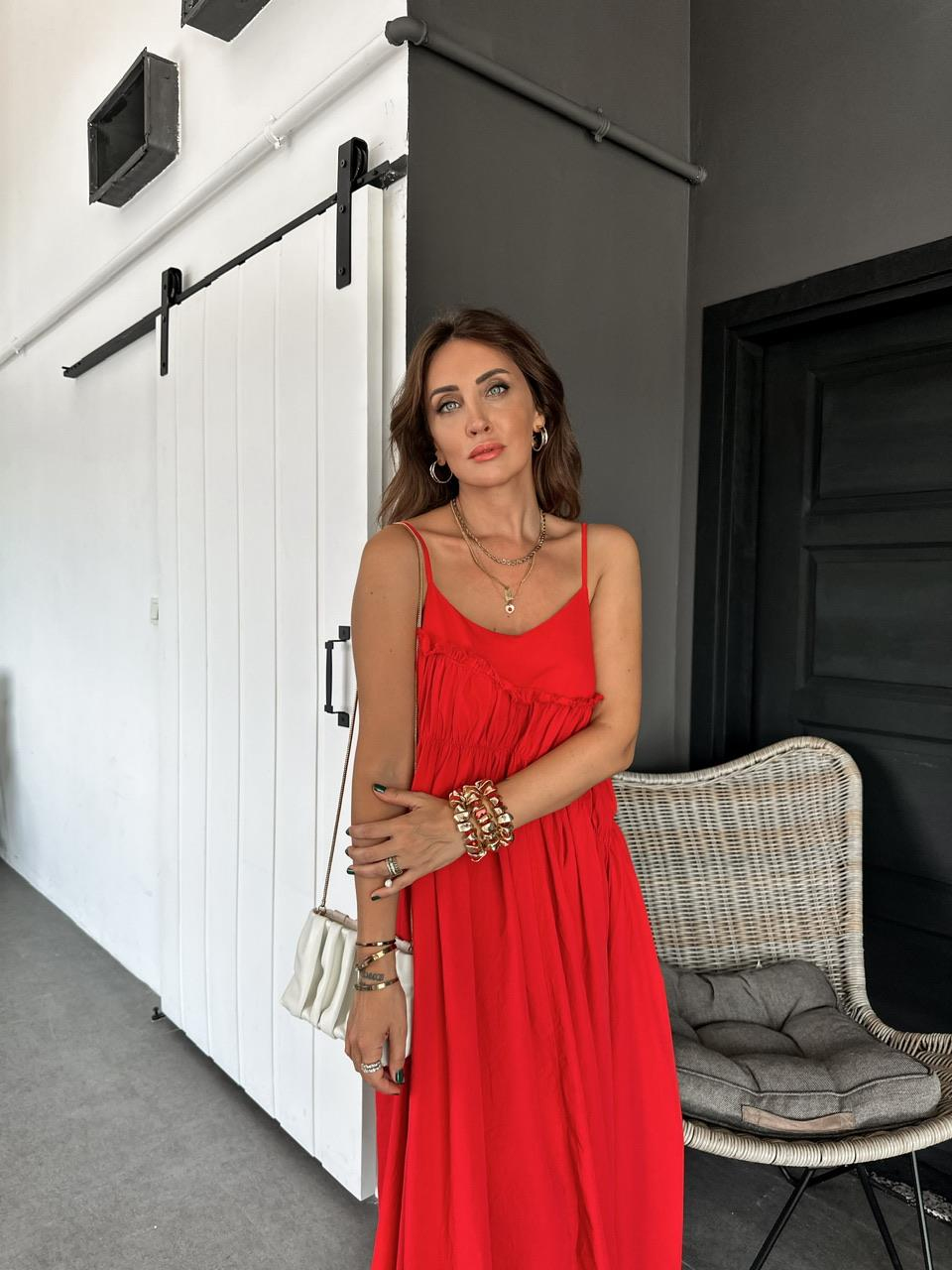 Kırmızı İp Askılı Drapeli Cotton Elbise