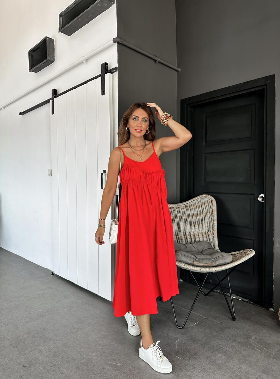 Kırmızı İp Askılı Drapeli Cotton Elbise