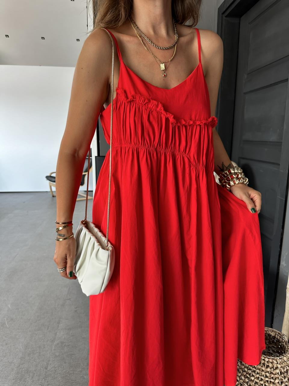 Kırmızı İp Askılı Drapeli Cotton Elbise