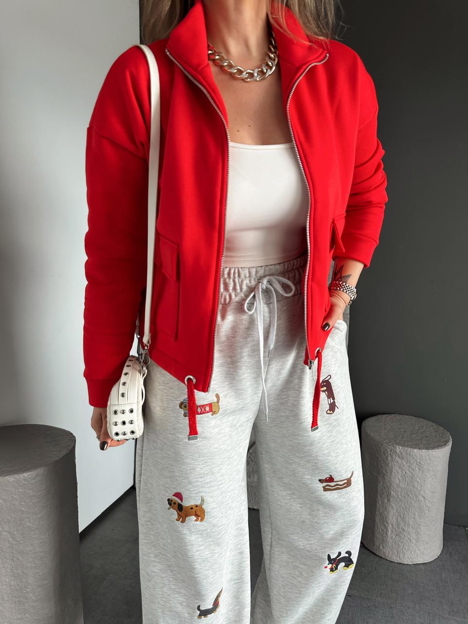 Kırmızı Kapak Cepli Şardonlu Sweatshirt