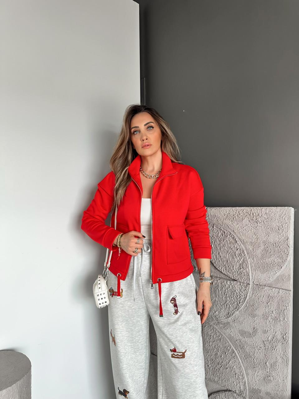 Kırmızı Kapak Cepli Şardonlu Sweatshirt