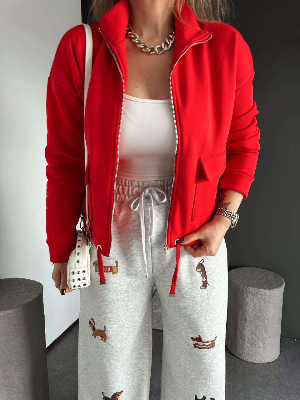 Kırmızı Kapak Cepli Şardonlu Sweatshirt
