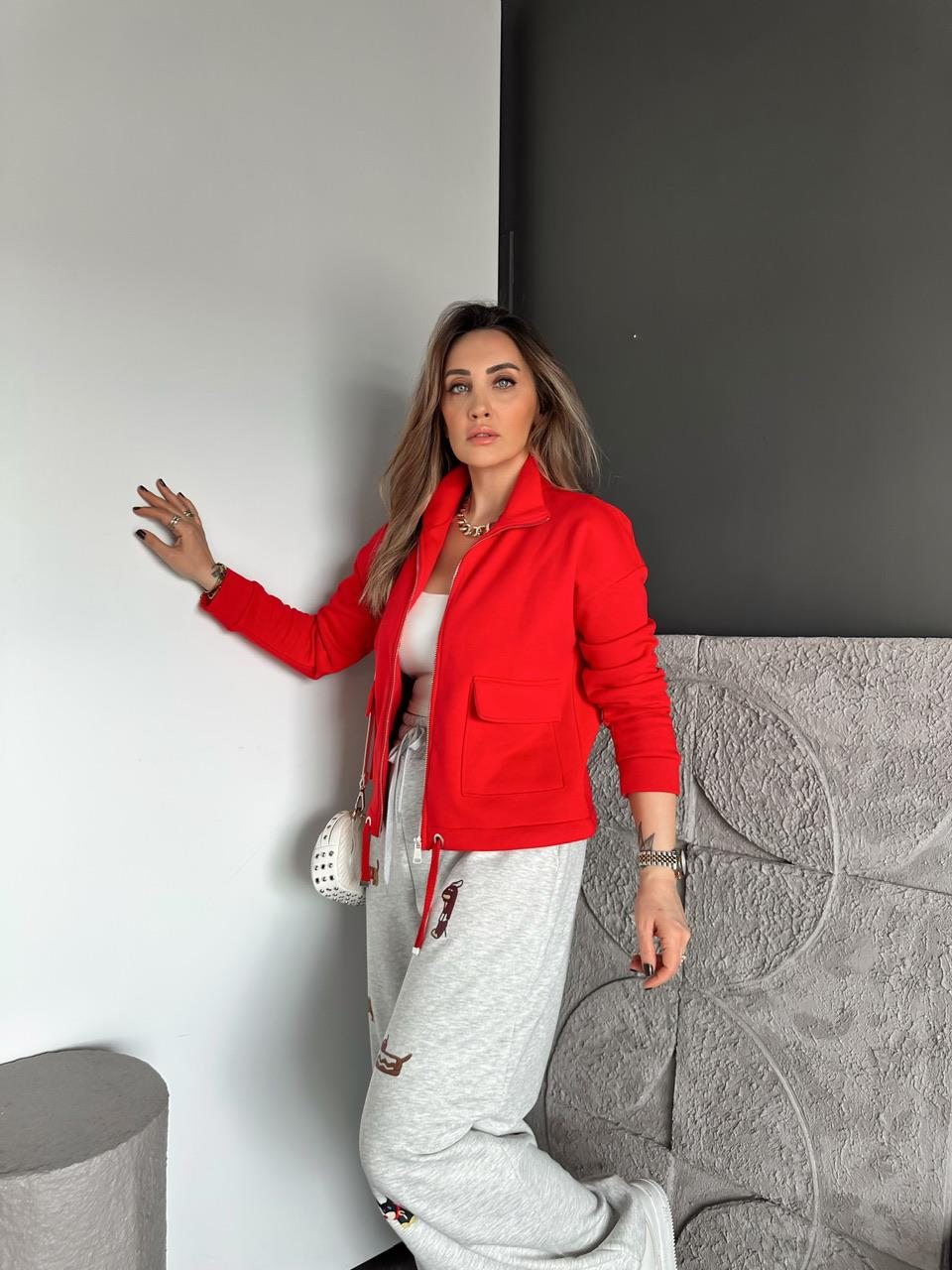 Kırmızı Kapak Cepli Şardonlu Sweatshirt