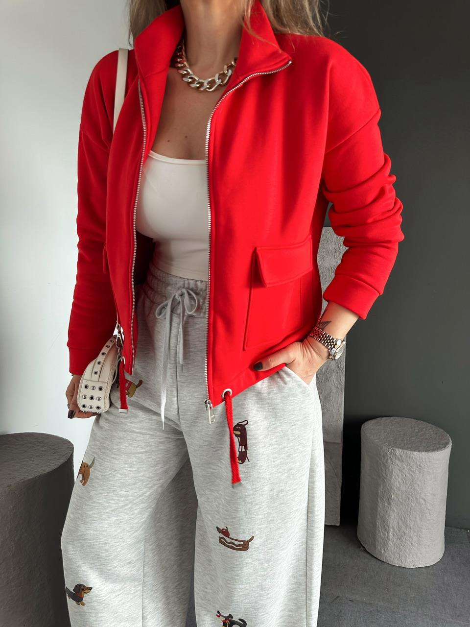 Kırmızı Kapak Cepli Şardonlu Sweatshirt
