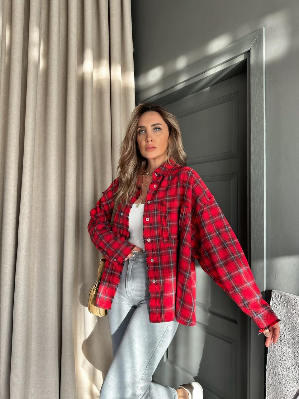 Kırmızı Lazer Kesim Oduncu Gömlek