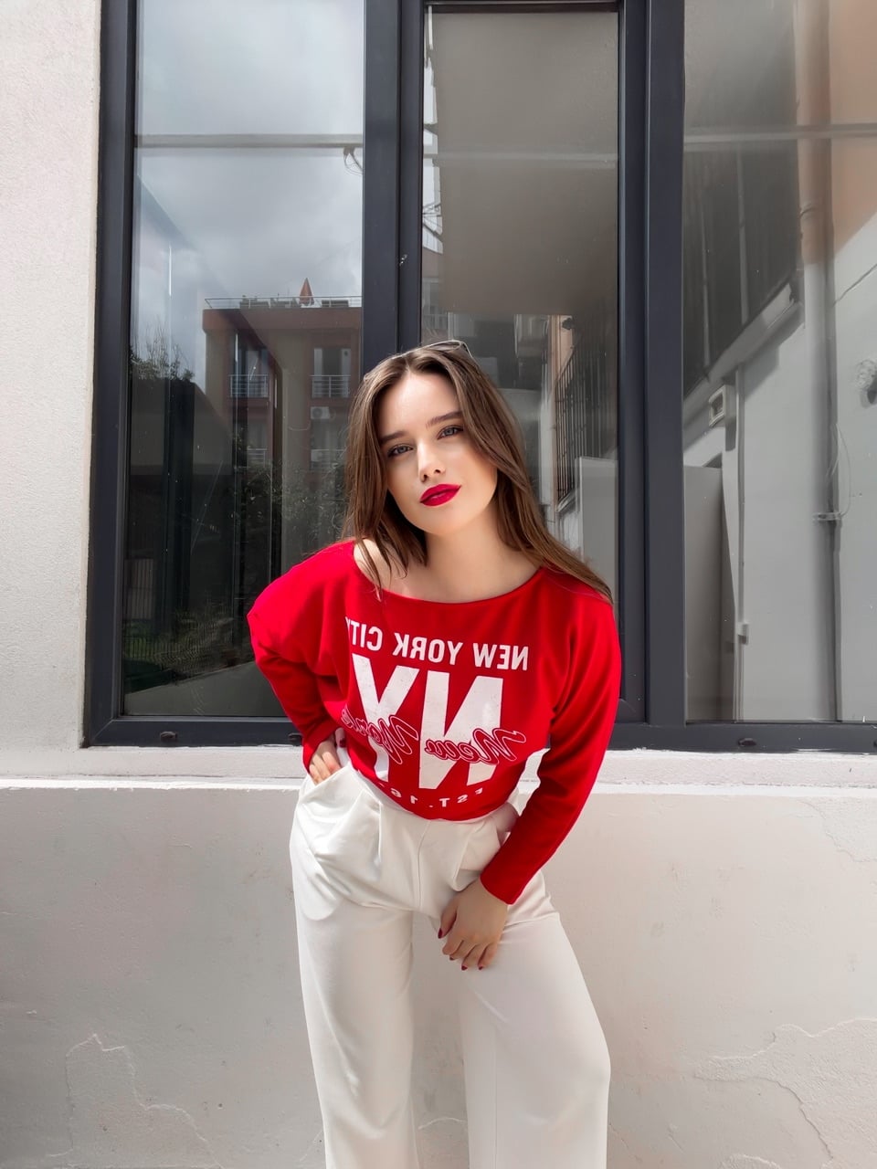Kırmızı NY City Baskılı T-Shirt