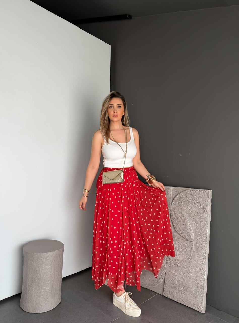 Kırmızı Puantiyeli Şifon Etek