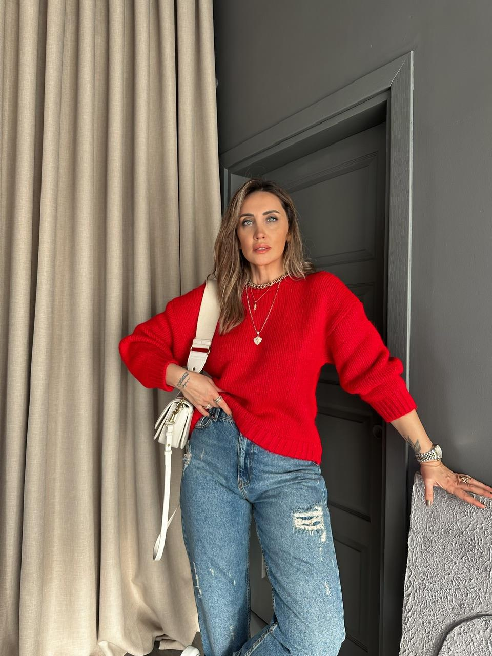 Kırmızı Selanik Bisiklet Yaka Kazak