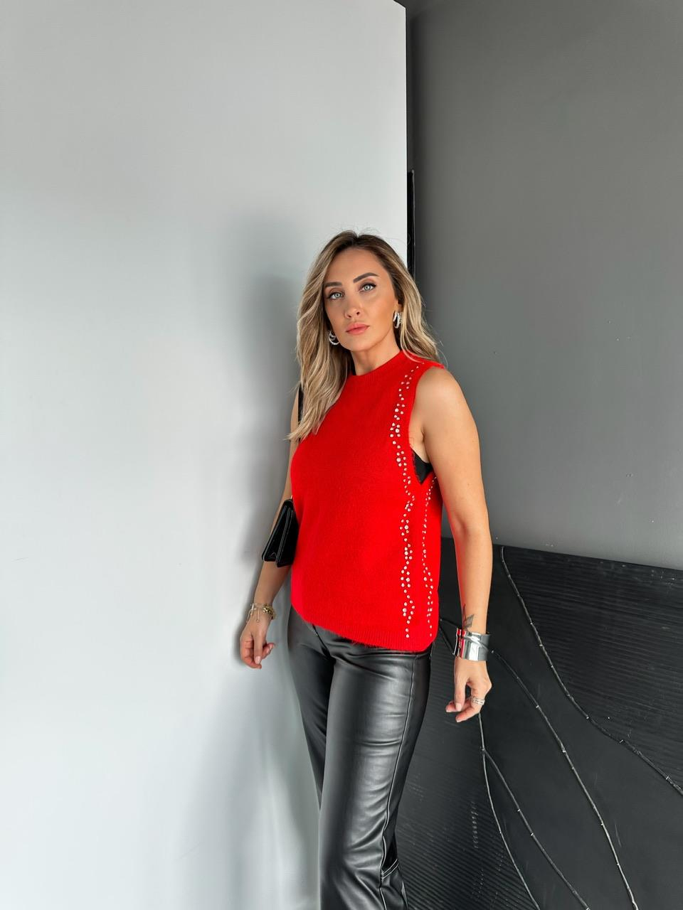 Kırmızı Taşlı Bisiklet Yaka Triko