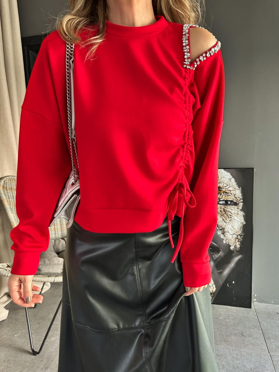 Kırmızı Taşlı Tasarım Sweatshirt