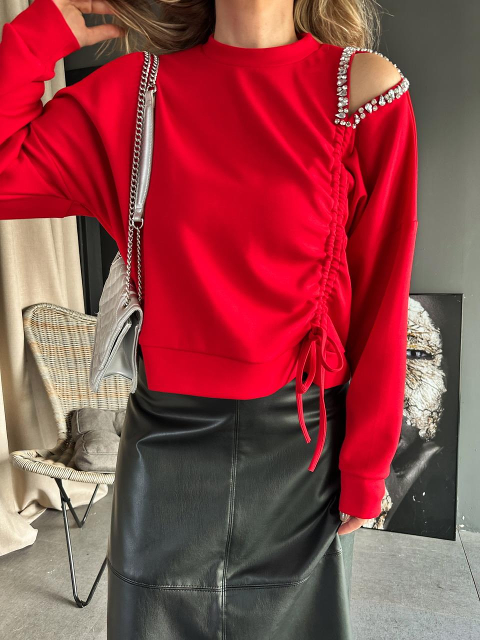 Kırmızı Taşlı Tasarım Sweatshirt