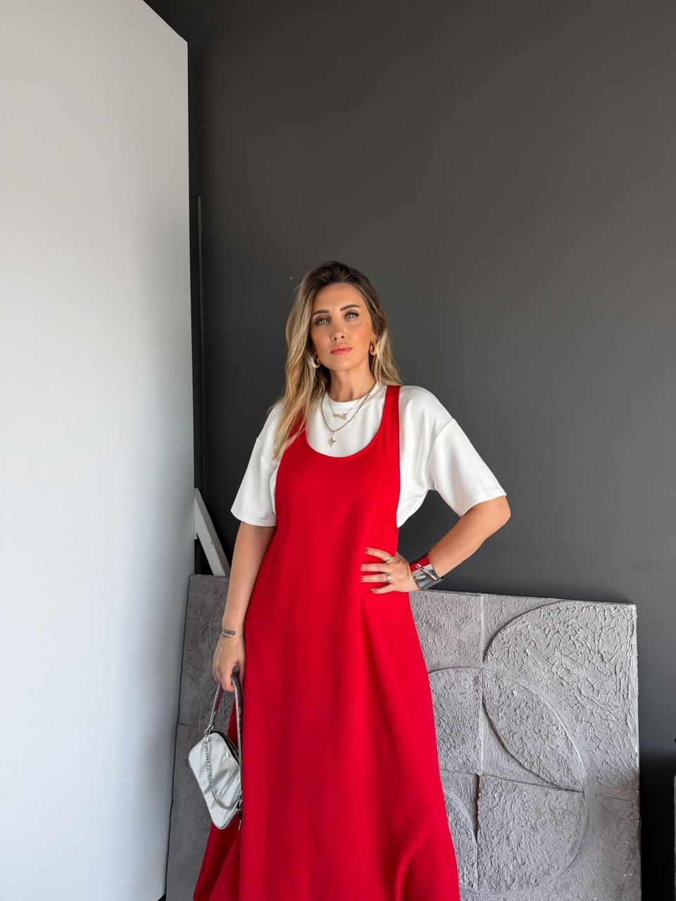 Kırmızı Tshirtlü Askılı Basic Elbise