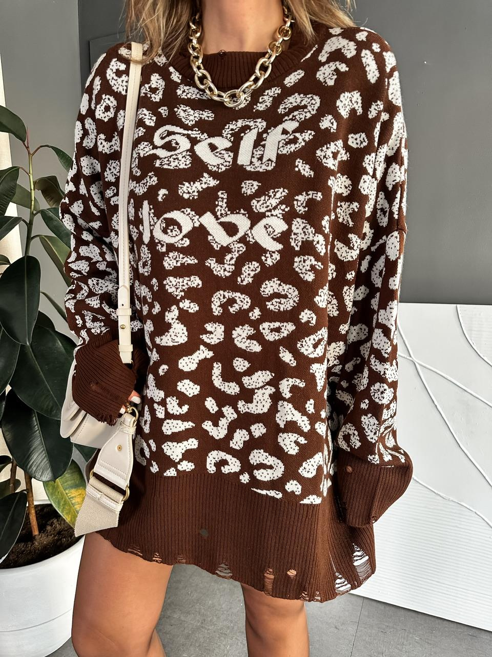 Koyu Kahve Leopar Self Love Tunik Kazak