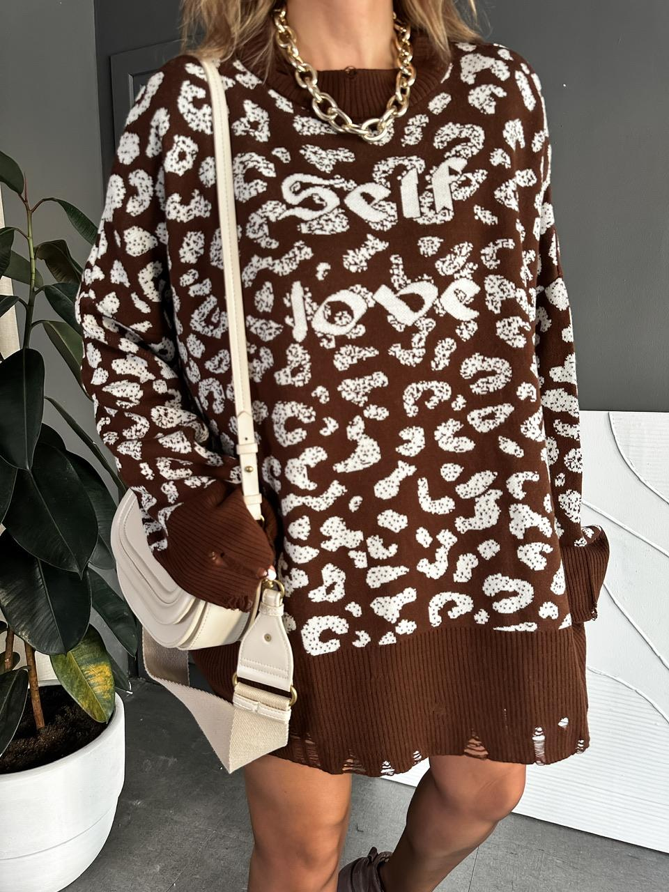 Koyu Kahve Leopar Self Love Tunik Kazak