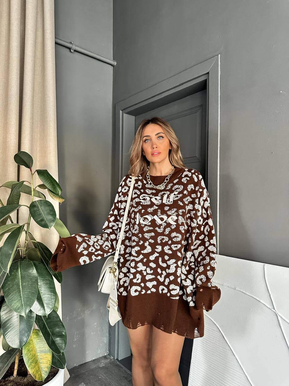 Koyu Kahve Leopar Self Love Tunik Kazak