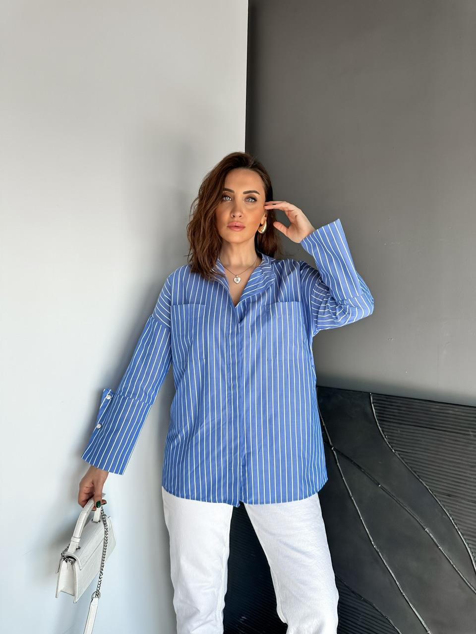 Koyu Mavi Çizgili Kol Detaylı Gömlek
