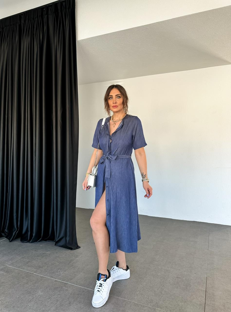 Koyu Mavi Gizli Düğmeli Kuşaklı Elbise