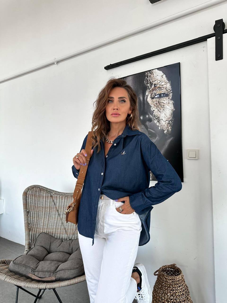 Koyu Mavi Kuş Figürlü Kot Gömlek