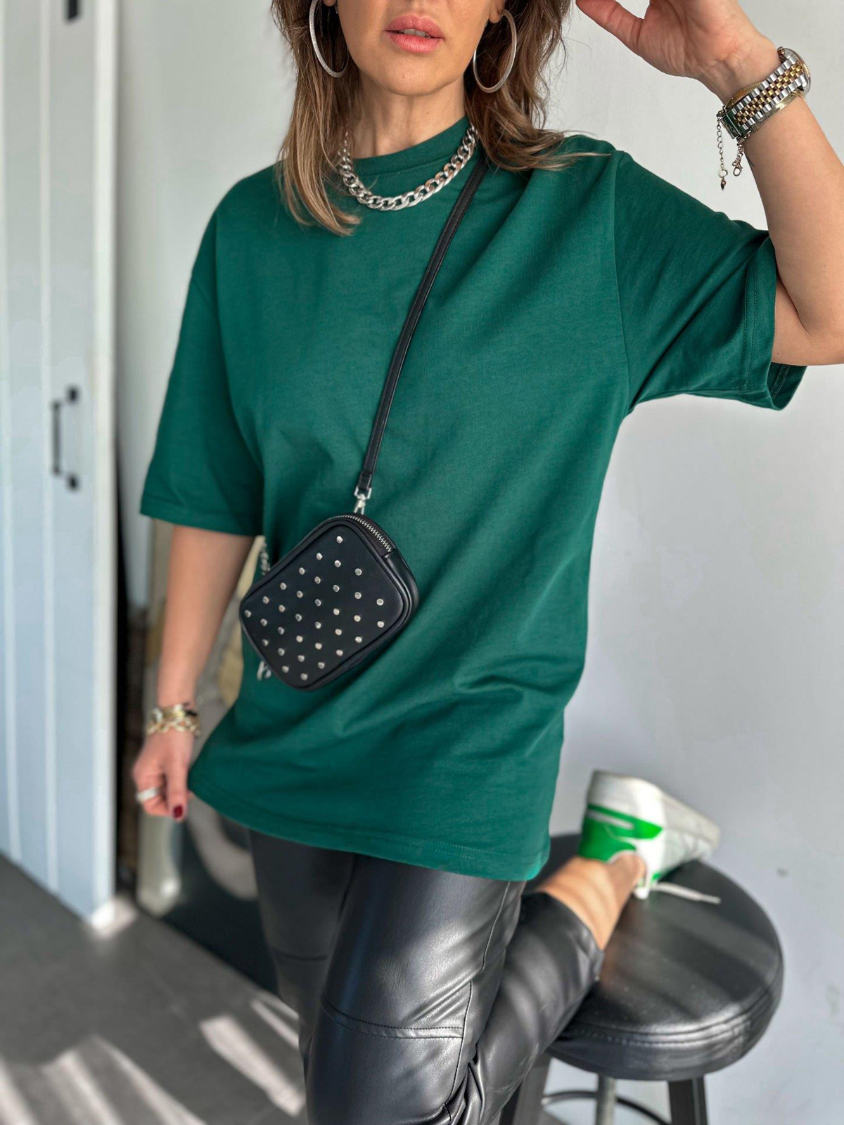 Koyu Yeşil Bisiklet Yaka Cotton Tshirt
