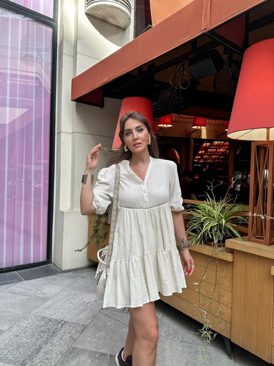 Krem Balon Kol Mini Keten Elbise