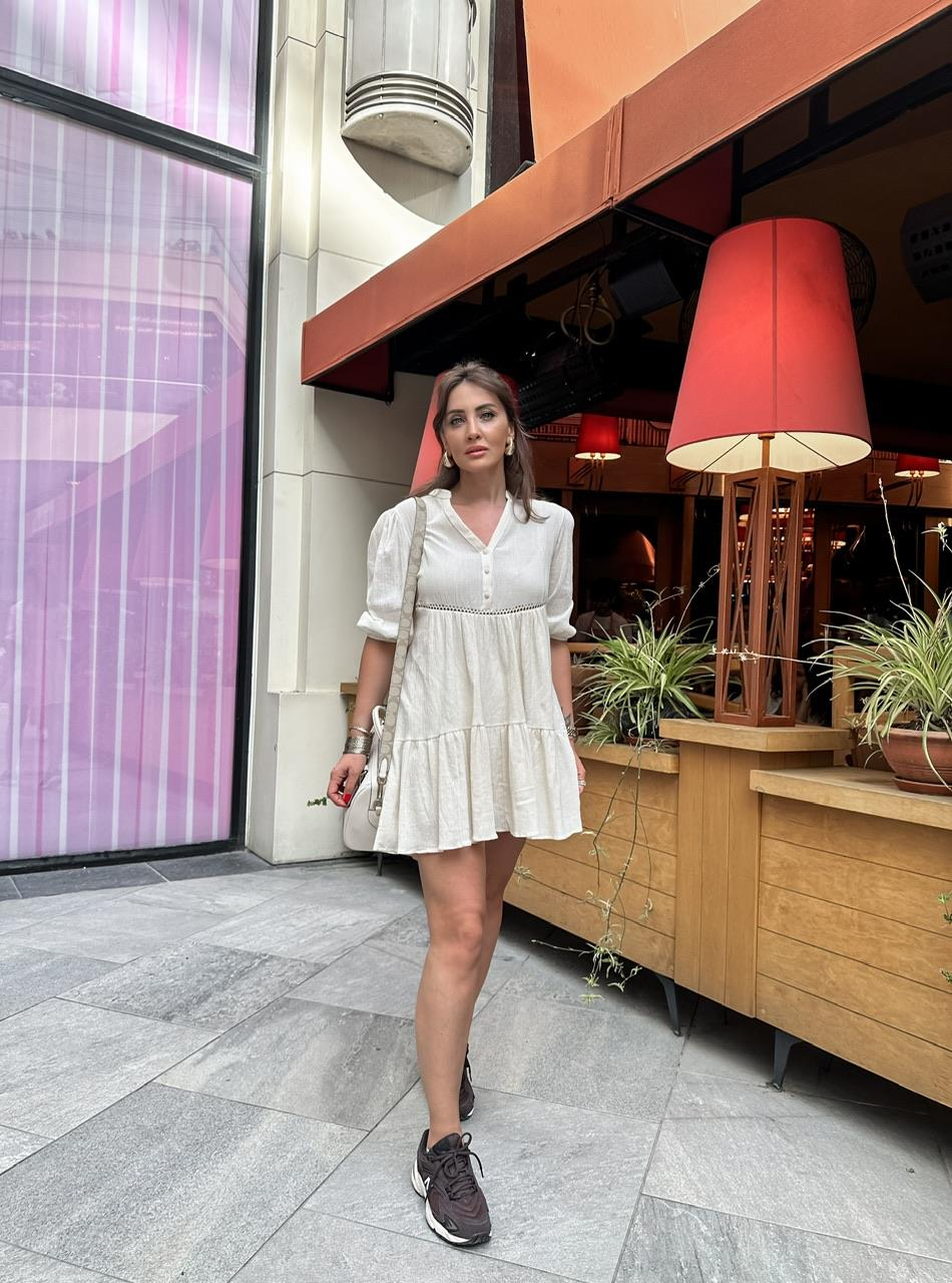 Krem Balon Kol Mini Keten Elbise