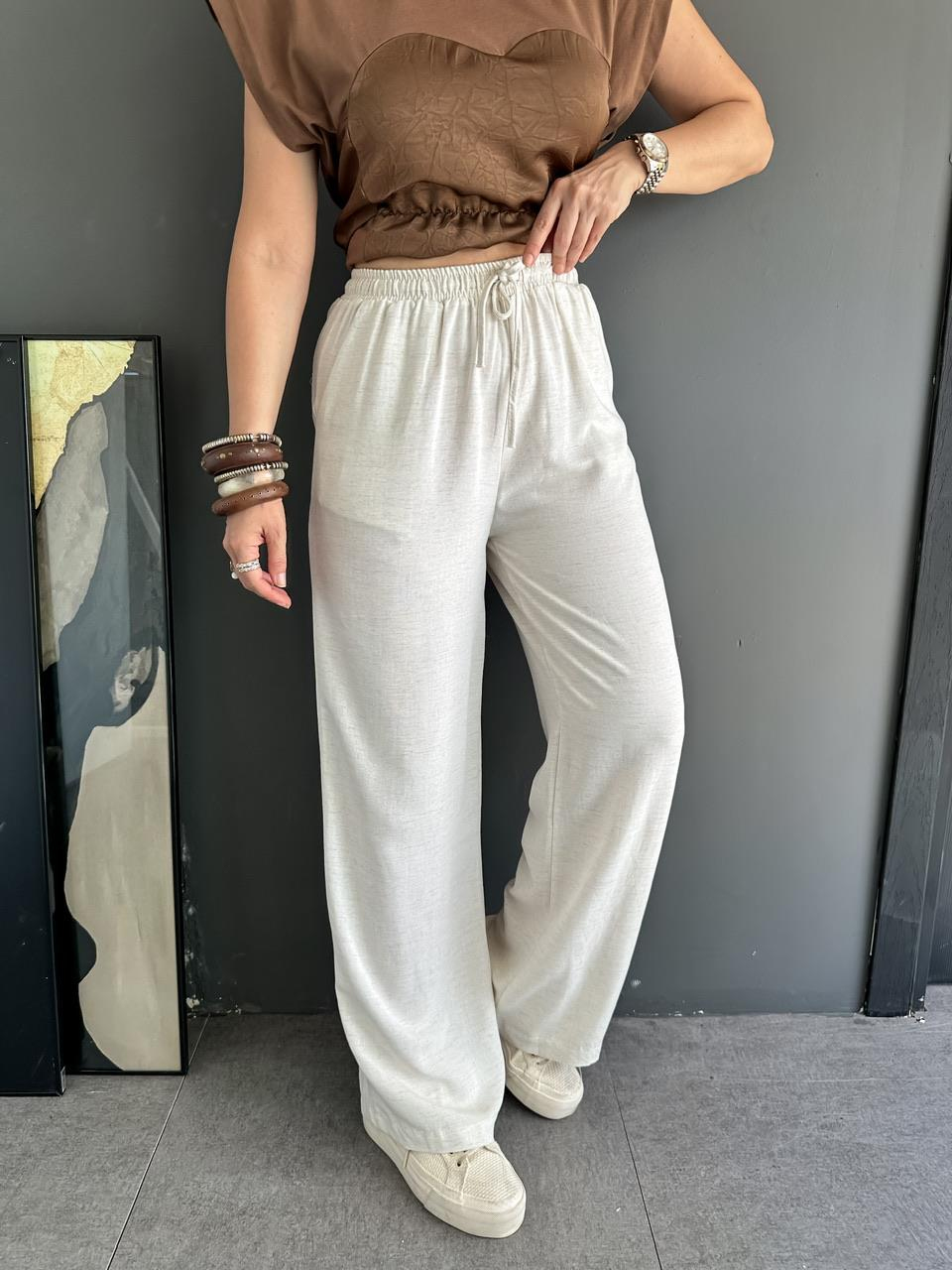 Krem Beli Lastikli Bol Keten Pantolon