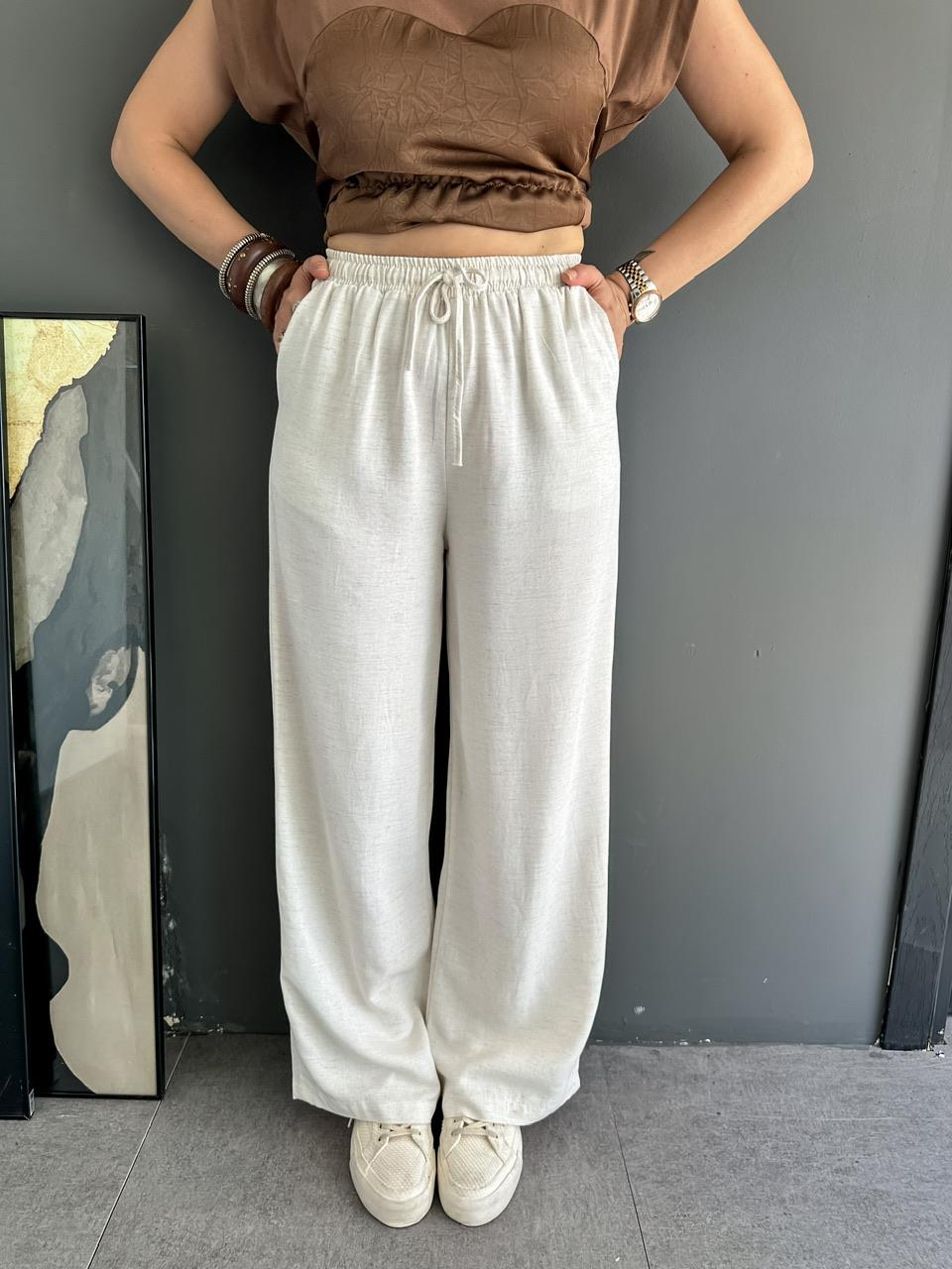 Krem Beli Lastikli Bol Keten Pantolon