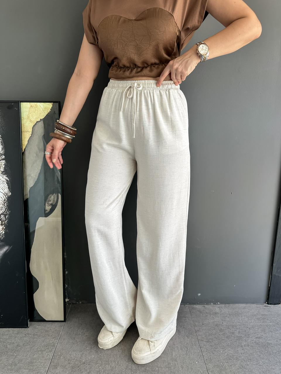 Krem Beli Lastikli Bol Keten Pantolon