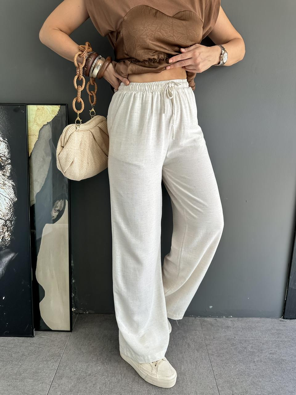Krem Beli Lastikli Bol Keten Pantolon