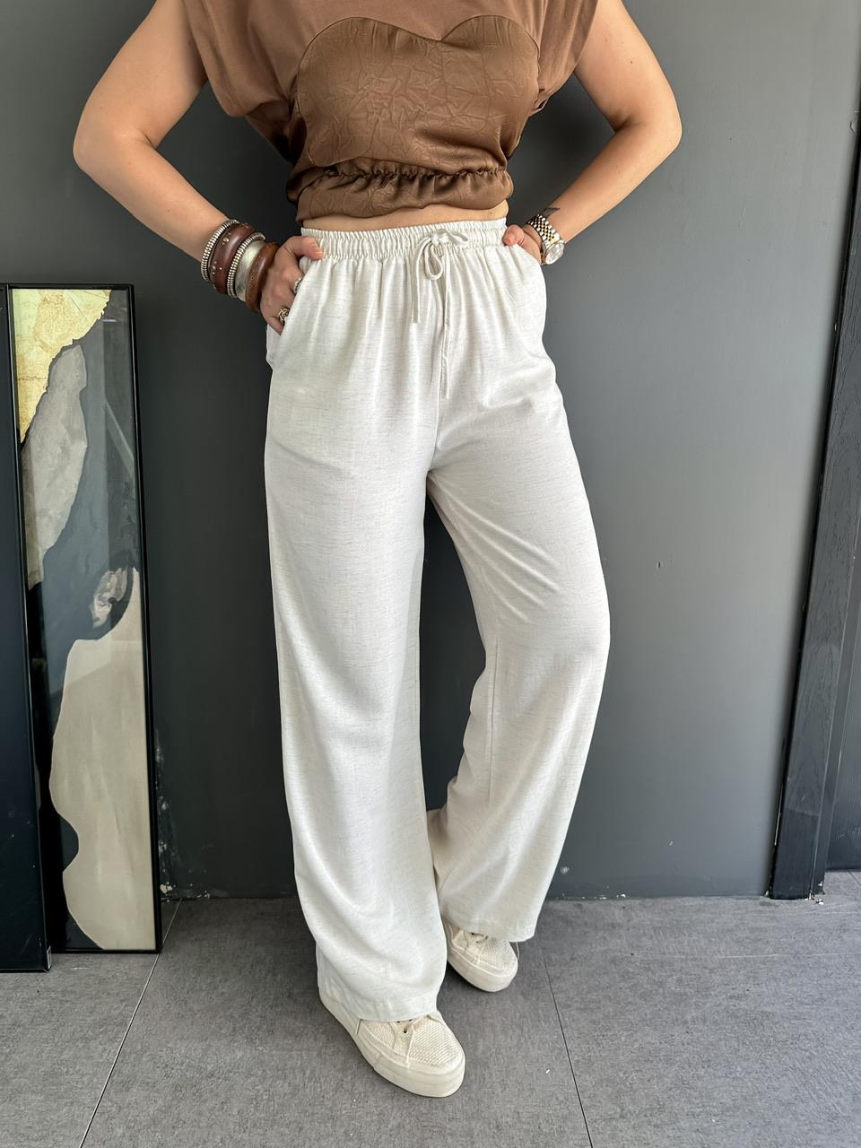 Krem Beli Lastikli Bol Keten Pantolon