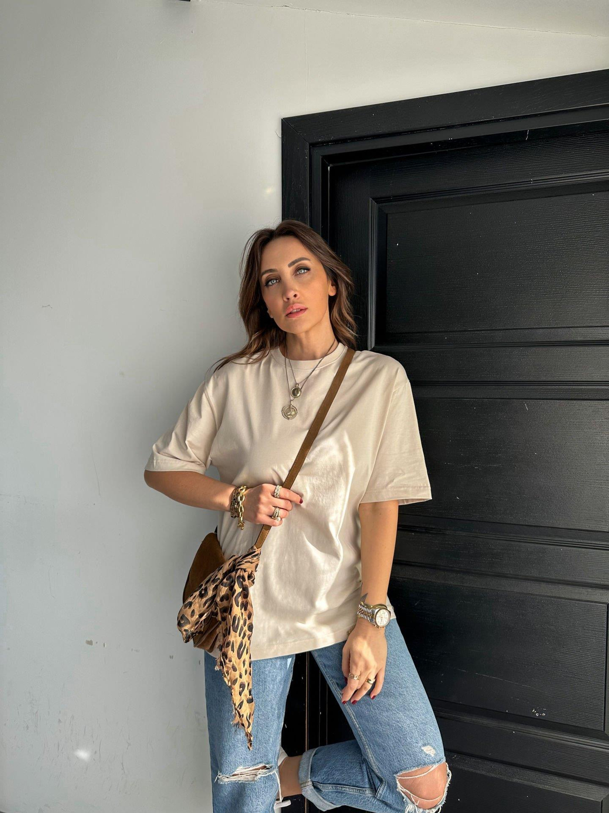 Krem Bisiklet Yaka Cotton Tshirt