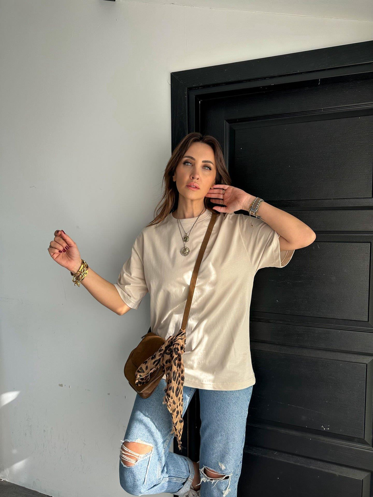 Krem Bisiklet Yaka Cotton Tshirt