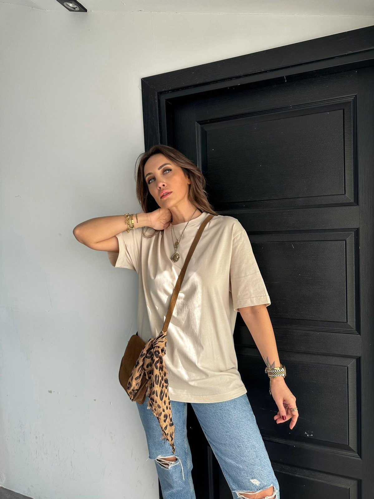 Krem Bisiklet Yaka Cotton Tshirt