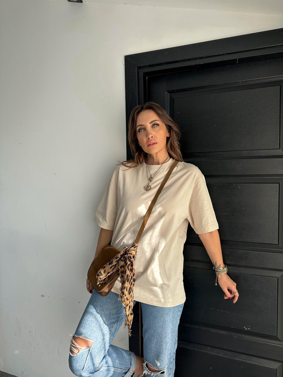 Krem Bisiklet Yaka Cotton Tshirt