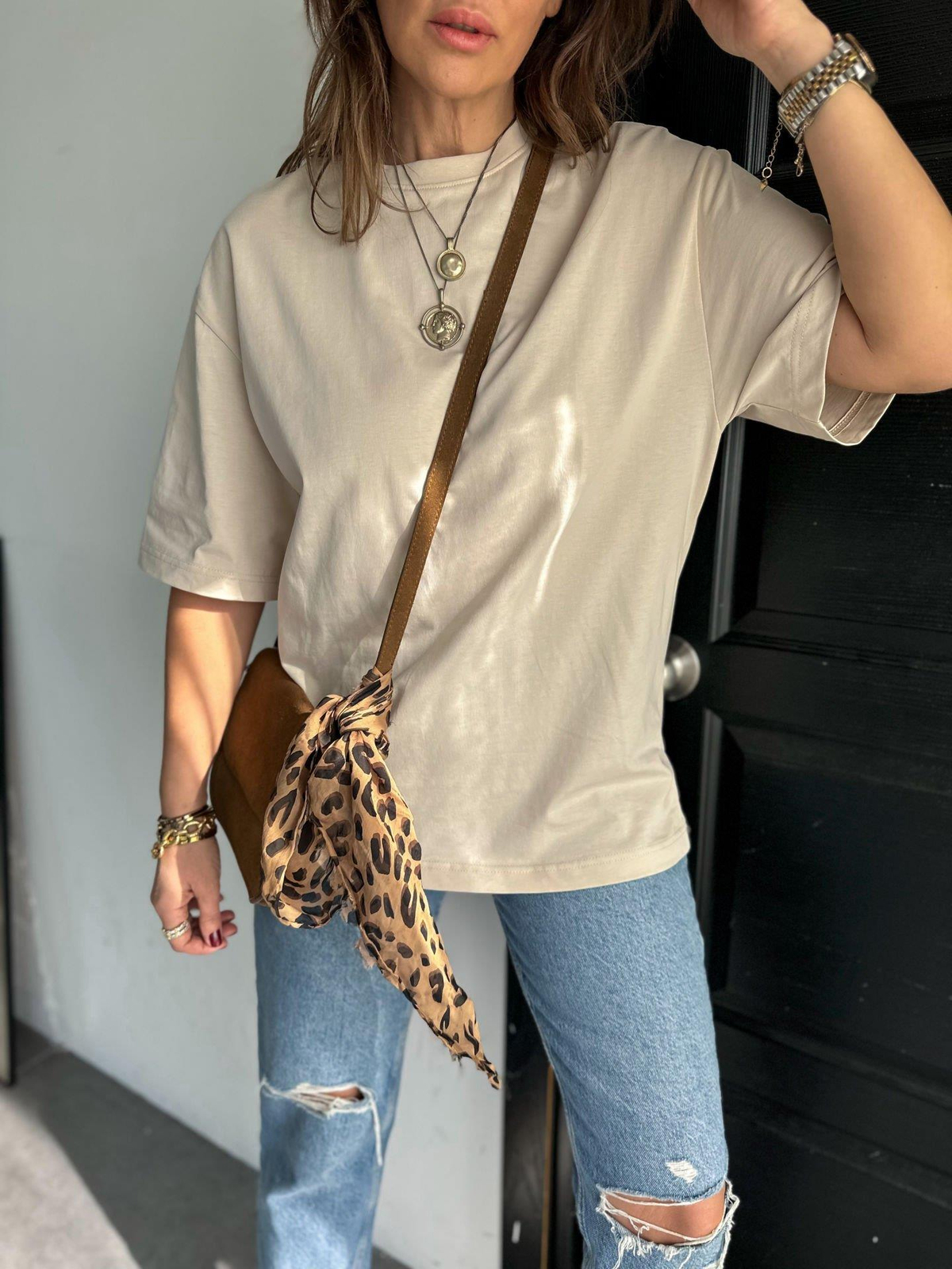 Krem Bisiklet Yaka Cotton Tshirt