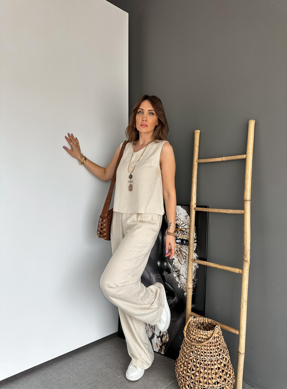 Krem Bluz Pantolon Keten Takım 