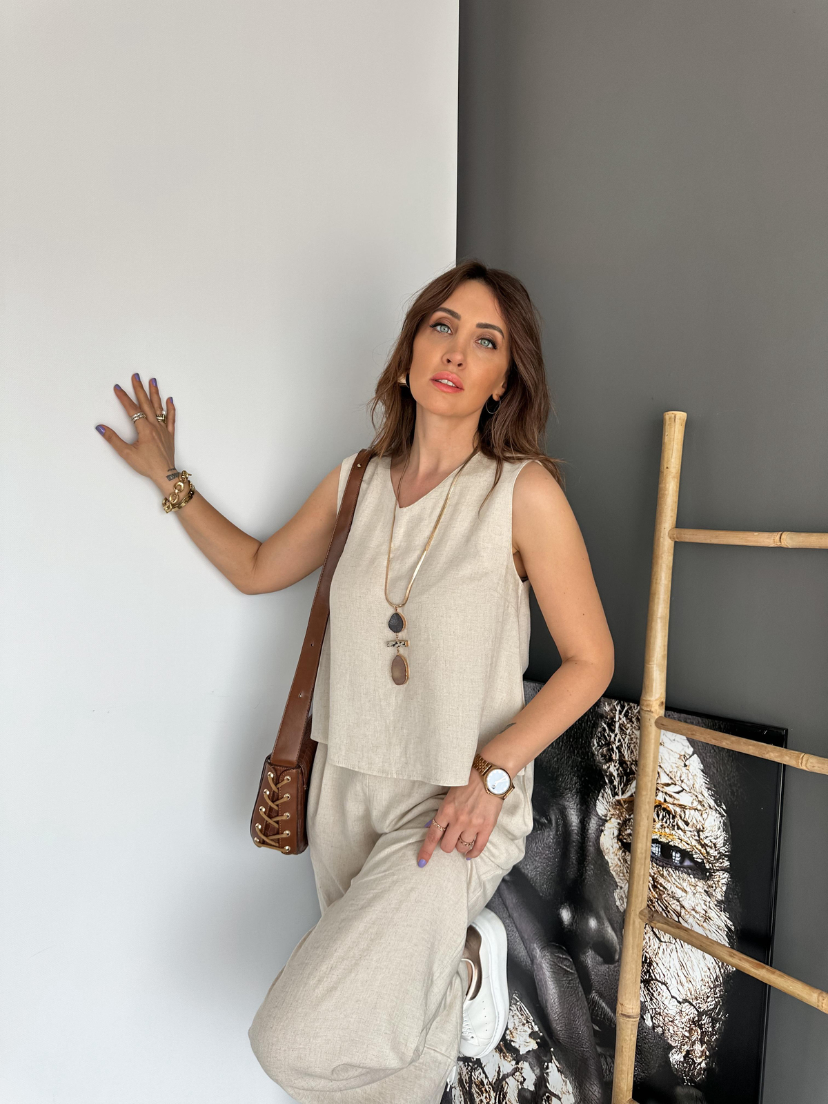 Krem Bluz Pantolon Keten Takım 