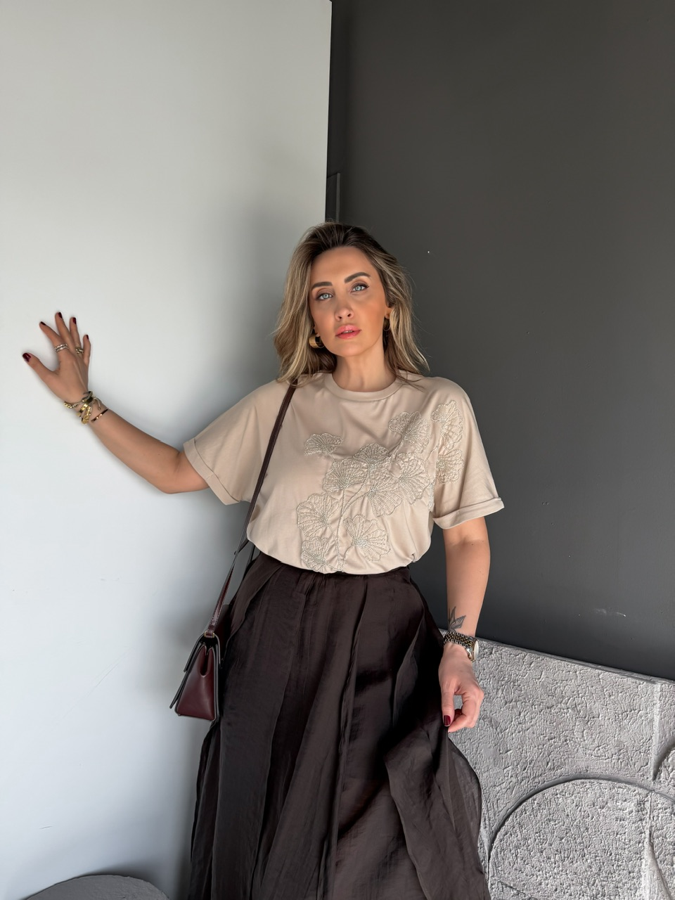 Krem Boncuk İşlemeli Cotton Tshirt
