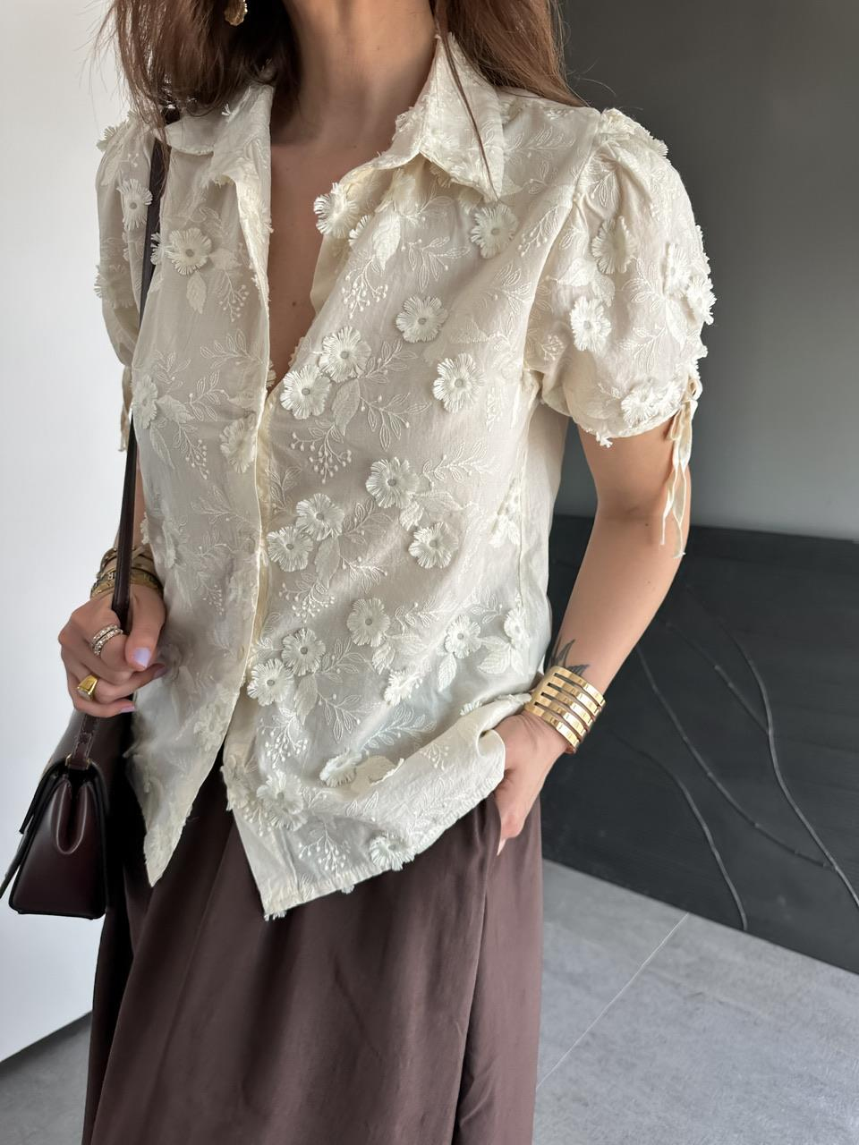Krem Çiçek Motifli Karpuz Kol Gömlek