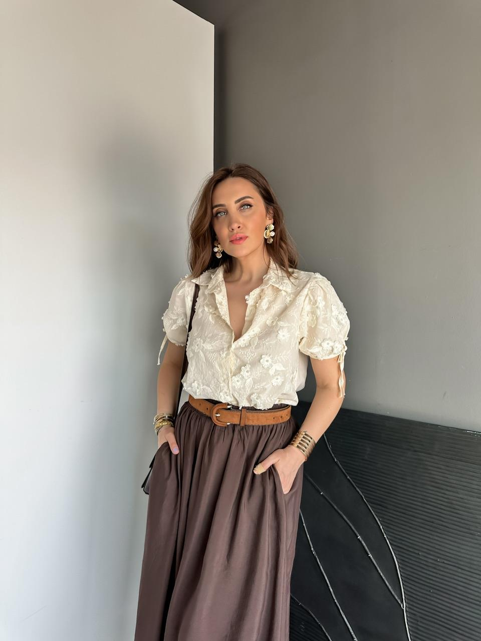 Krem Çiçek Motifli Karpuz Kol Gömlek
