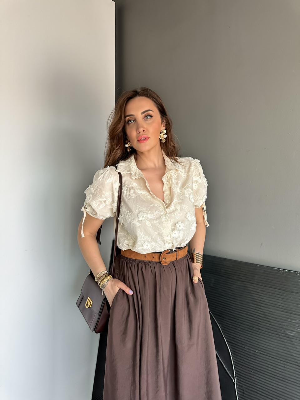 Krem Çiçek Motifli Karpuz Kol Gömlek