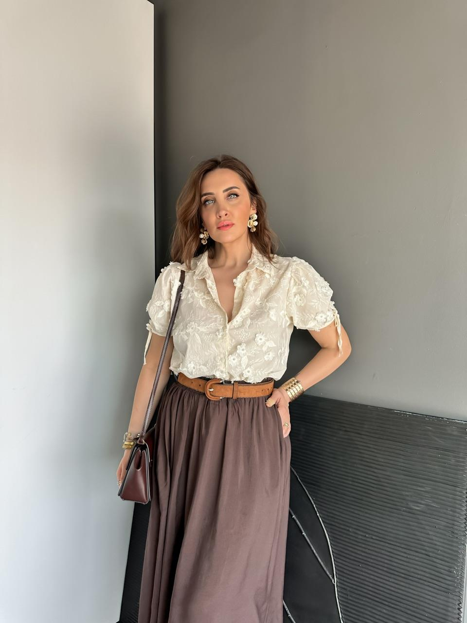 Krem Çiçek Motifli Karpuz Kol Gömlek