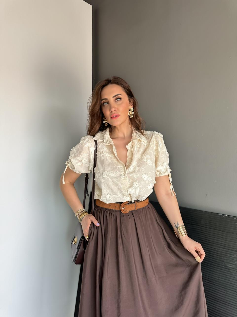 Krem Çiçek Motifli Karpuz Kol Gömlek